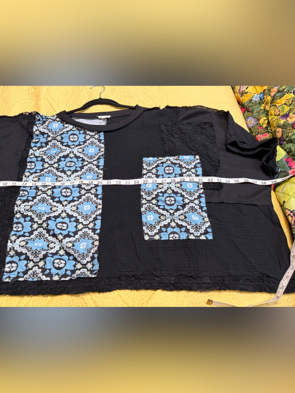 H141 New POL M ptp38 Black Tunic Top with Blue & White Floral Patchwork - Picture 7 of 12